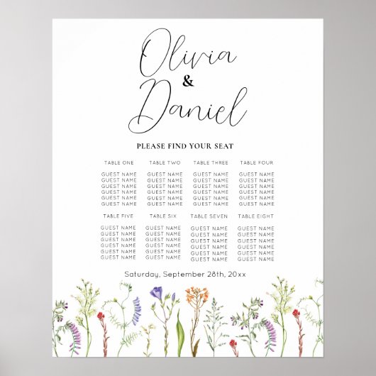 Tafel Trouwen Zitplaatsen 8 Wildflowers Bloemen Poster (Voorkant)