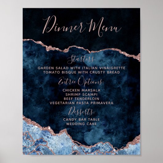 Tafel van het Navy Blue Roos Gold Agate Wedding Me Poster (Voorkant)