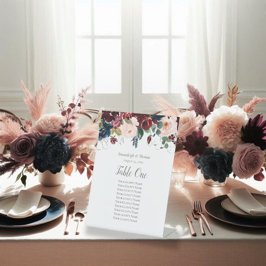 Tafel Zitkaart Navy Blue en Bourgondië Floral Reclamebord Met Voetstuk