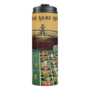 Tafelblad met vintage roulette casino spel, gokfic thermosbeker