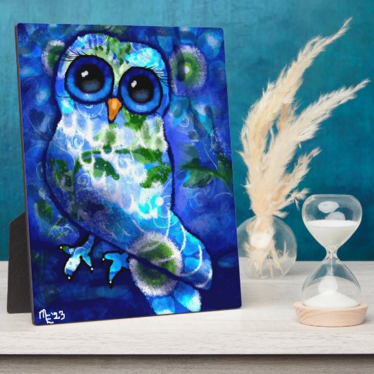 Tafelblad Plaque Whimsical Abstract Uil Blauw Groe Fotoplaat (Zijkant)