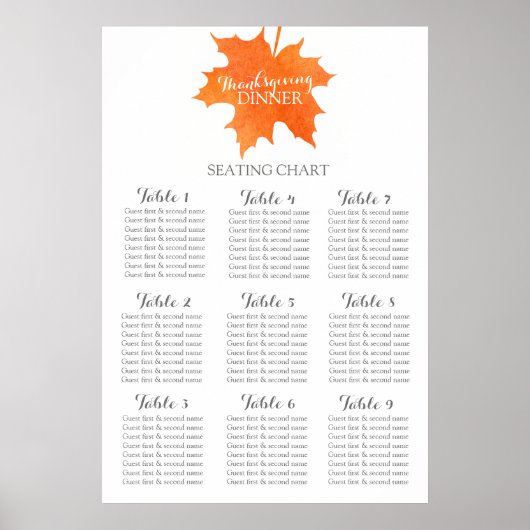 Tafelbord 1-9 voor Thanksgiving met maapelblad Poster (Voorkant)