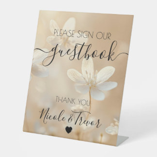 Tafelbord met eigen namen sepia witte bloemen reclamebord met voetstuk