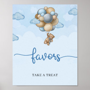 Tafelbord met teddybeer blauwe bruine ballonnen poster