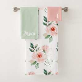Tafelhanddoeken Set met Geborduurde Waterverf Roos Bad Handdoek