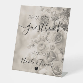Tafelkaart met eigen namen sepia vintage bloemen reclamebord met voetstuk