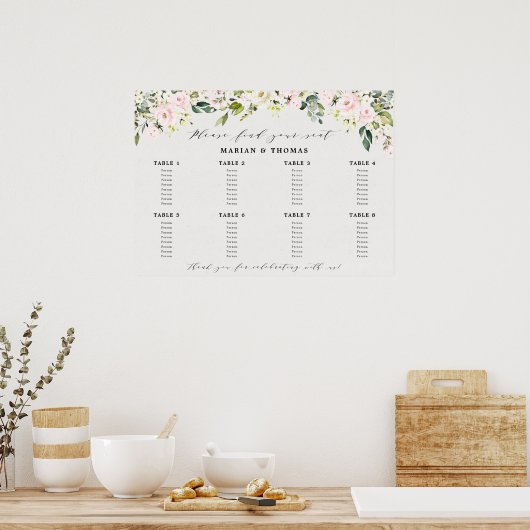 Tafelkaart met roze bloemen en eucalyptus voor de  poster (Keuken)