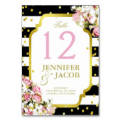 Tafelkaart | Strepen, gouden Confetti, roze rozen Kaart (Voorkant)