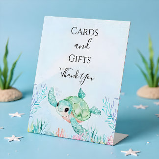 Tafelkaart Zeeschildpad Babyfeest (Blauw) Reclamebord Met Voetstuk