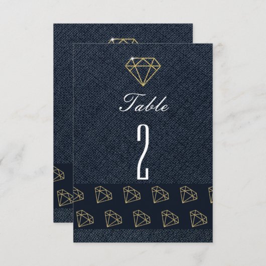 Tafelkaartjes Denim & Diamonds Goud & Blauw Feest Kaart (Voorkant / Achterkant)