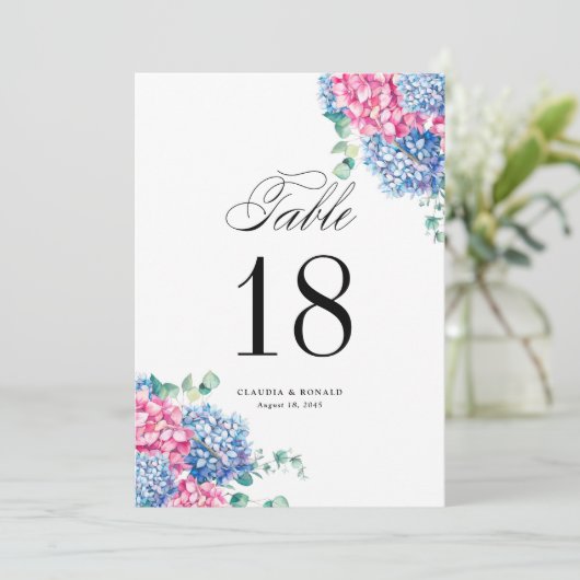 Tafelkaartjes met waterverf roze en blauwe hortens (Staand voorkant)