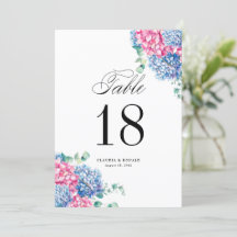 Tafelkaartjes met waterverf roze en blauwe hortens