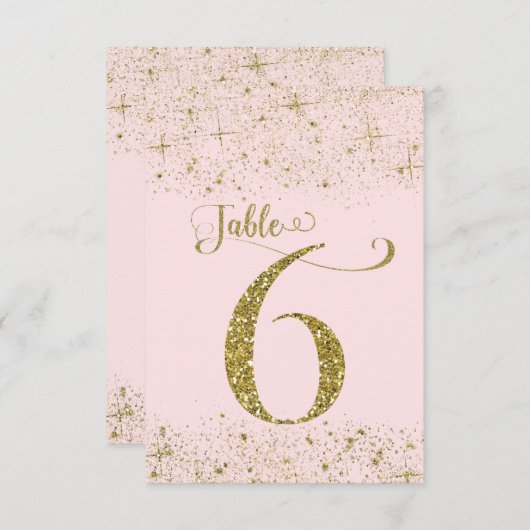 Tafelkaartjes Roze Goud Glitters Nummer 6 Kaart (Voorkant / Achterkant)