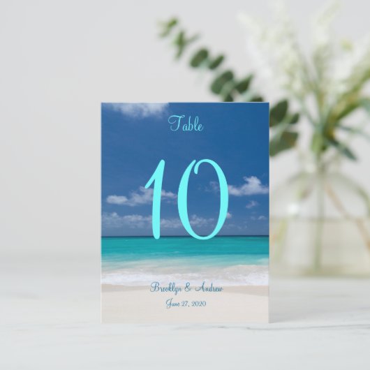 Tafelkaartjes voor blauwe strandbruiloft briefkaart (Staand voorkant)
