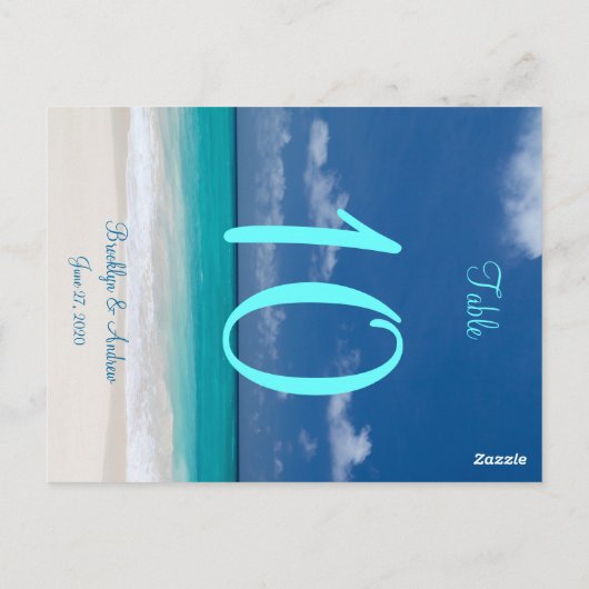 Tafelkaartjes voor blauwe strandbruiloft briefkaart (Achterkant)