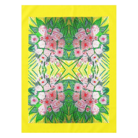 Tafelkleed groen, roze, geel. (Voorkant)