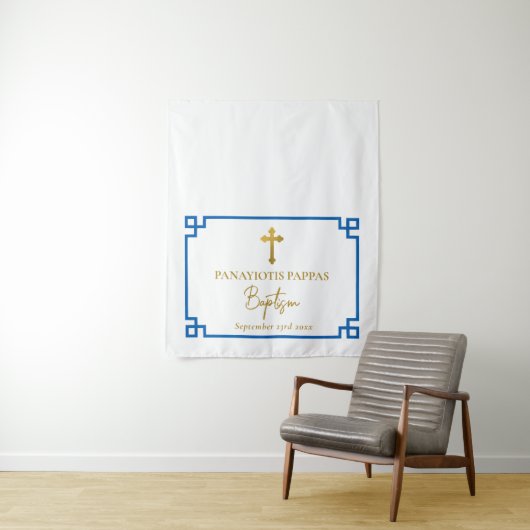 Tafelkleed met Blauwe Griekse Sleutel voor Doopfee Wandkleed (In situ)