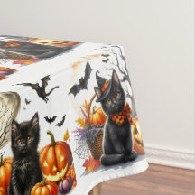 Tafelkleed met vintage retro Halloween kat en pomp