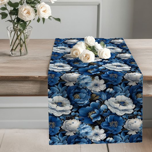 Tafelkleed Navy Bloemen Blauw en Wit