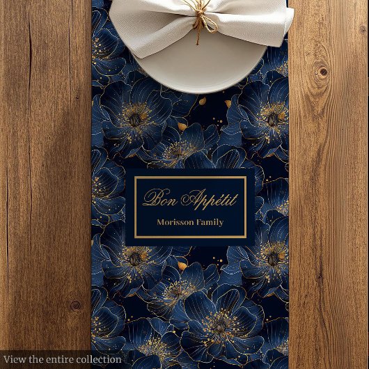 Tafelkleed Navy Goud Bloemen Lux Monogram Ontwerp