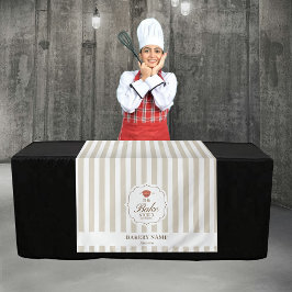Tafelloper met beige strepen logo pop-up winkel ve wandkleed