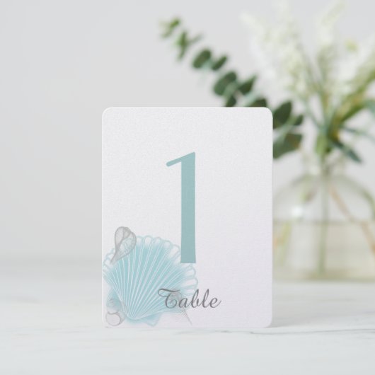 Tafelnummer Blauwe Zeeschelp Strand Bruiloft (Staand voorkant)