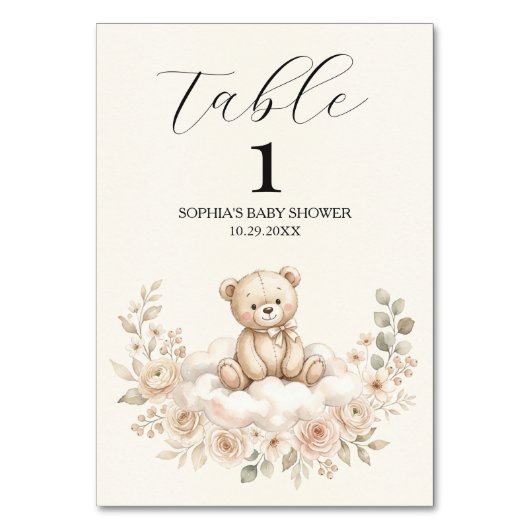Tafelnummer bordje voor waterverf beer babyshower (Voorkant)