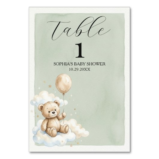 Tafelnummer bordje voor waterverf beer babyshower (Voorkant)