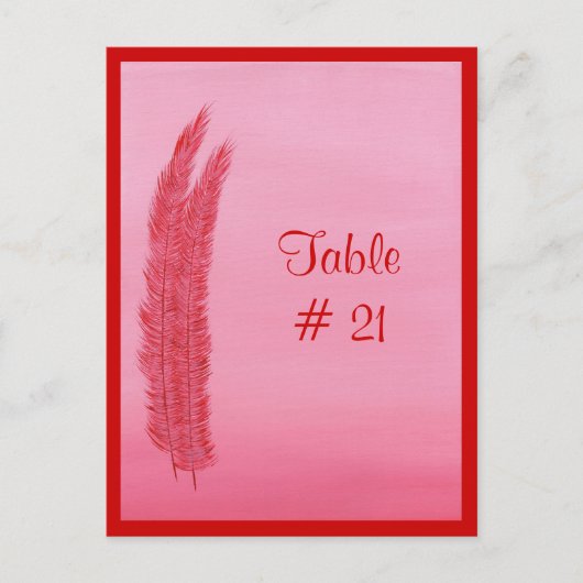 Tafelnummer briefkaarten, rode roze veren (Voorkant)