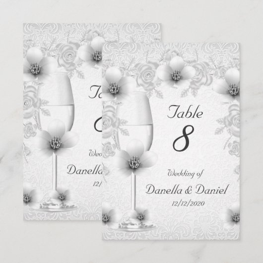 Tafelnummer bruiloft bloemen witte zilveren rozen (Voorkant / Achterkant)