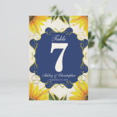 Tafelnummer bruiloftsreceptie zonnebloem en blauw (Staand voorkant)