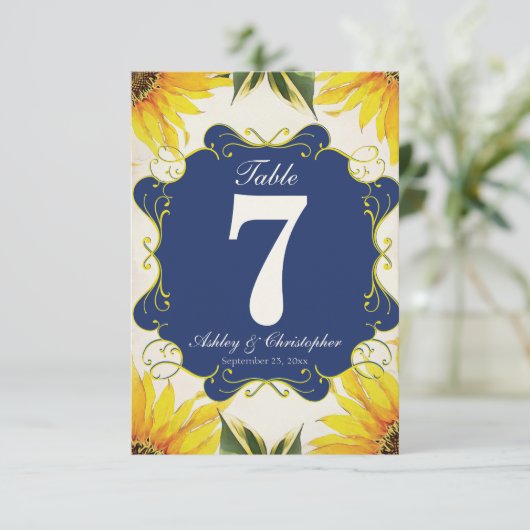 Tafelnummer bruiloftsreceptie zonnebloem en blauw (Staand voorkant)