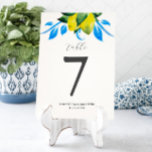 Tafelnummer Citroenen Italiaanse bruiloft<br><div class="desc">Dit bruidstafelnummer is voorzien van waterverf citroenen in gele tinten met blauw en groen botanisch blad. Gebruik de sjabloon velden aan te passen met uw tabelnummers,  namen en trouwdatum. Ga naar www.zazzle.com/dotellabelle Art and design by Victoria Grigaliunas om de bijpassende bruidsbriefpapier suite te bekijken</div>