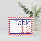 Tafelnummer Kaart Koraal Navy Blue Chevron Naam (Staand voorkant)