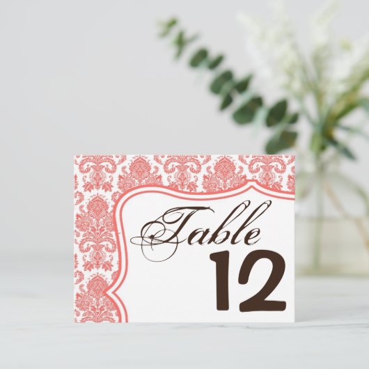 Tafelnummer Kaart Koraal Wit Damast Kant Print (Staand voorkant)