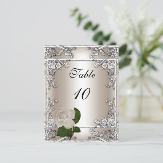 Tafelnummer Kaart Wedding Silver Cream Roos (Staand voorkant)