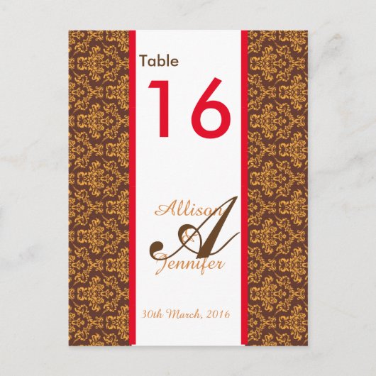 Tafelnummer Kaarten Damask Brown Oranje Red (Voorkant)