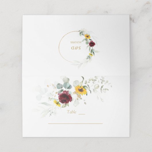 Tafelnummer met burgundische zonnebloemen en lucht plaatskaartje (Buitenkant ongevouwen)