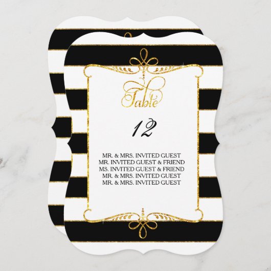 Tafelnummer met gastnamen goud gestreept script (Voorkant / Achterkant)