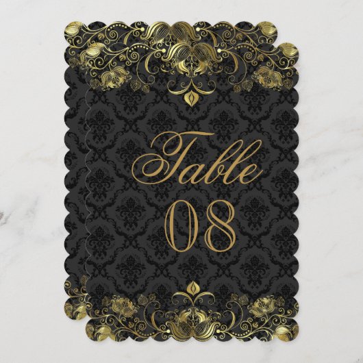 Tafelnummer met goud & zwarte damast (Voorkant / Achterkant)