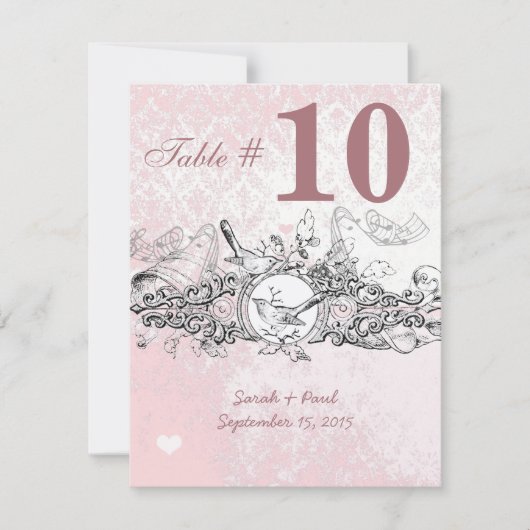 Tafelnummer met vintage roze vogels en muziekrol v (Voorkant)