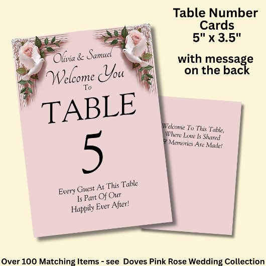 Tafelnummer - met welkomstbericht  Dove Roses