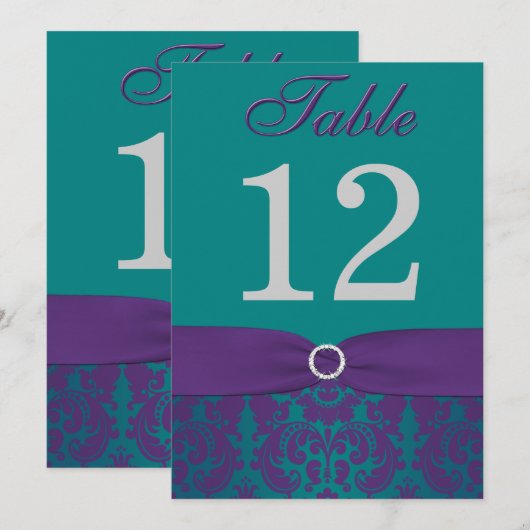 Tafelnummer | Paarse, turquoise damast (Voorkant / Achterkant)