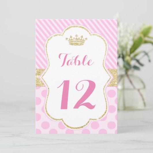 Tafelnummer prinses roze gouden glitter kroon (Staand voorkant)