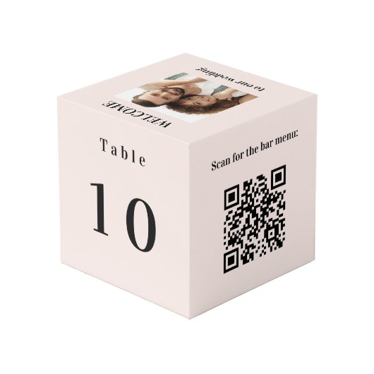 Tafelnummer QR code balk menu foto blush roze Kubus (Achter hoekig)