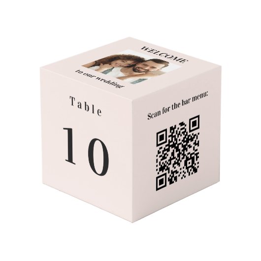 Tafelnummer QR code balk menu foto blush roze Kubus (Voorkant hoekig)