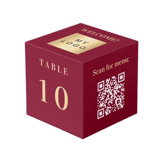 Tafelnummer QR code menu bordeaux business logo Kubus (Voorkant hoekig)