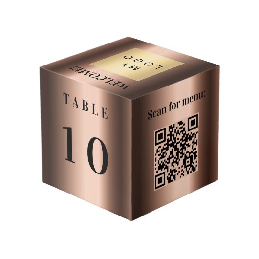 Tafelnummer QR-code menu bronzen bedrijfslogo Kubus (Achter hoekig)