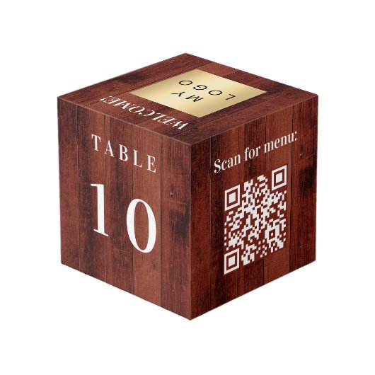 Tafelnummer QR-code menu hout bedrijf logo Kubus (Achter hoekig)