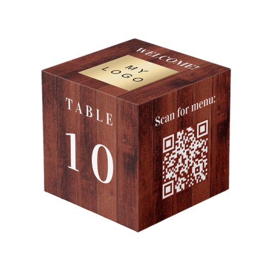 Tafelnummer QR-code menu hout bedrijf logo Kubus (Voorkant hoekig)